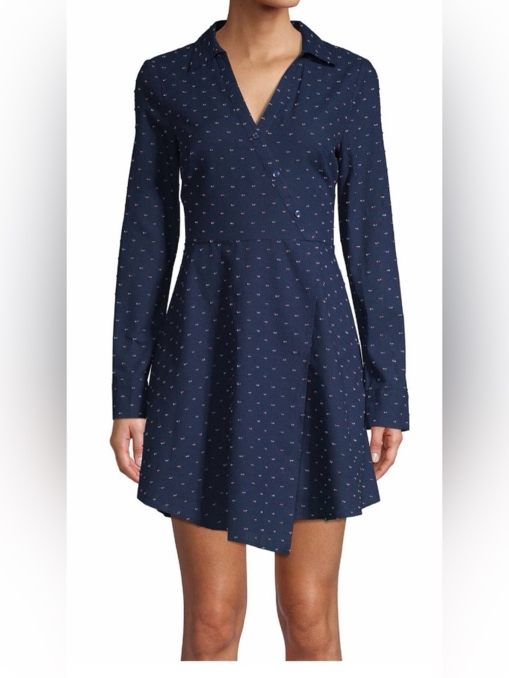 BCBGeneration Navy Long-Sleeve V-Neck Wrap Dress with Micro Dot Print